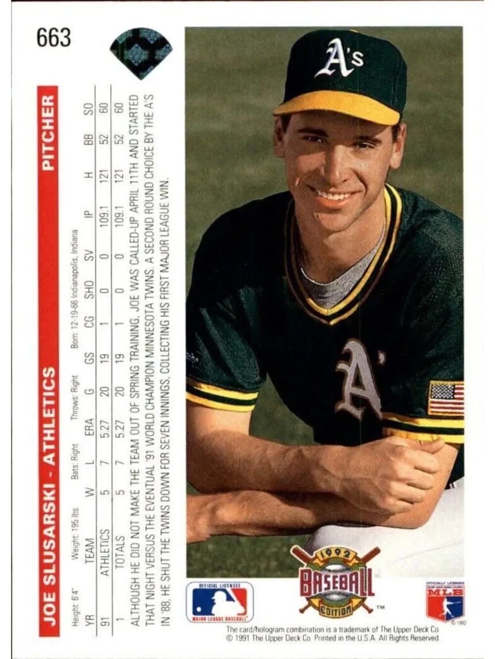 Joe Slusarski 1992 Upper Deck MLB #663 Baseball Card Oakland Athletics
